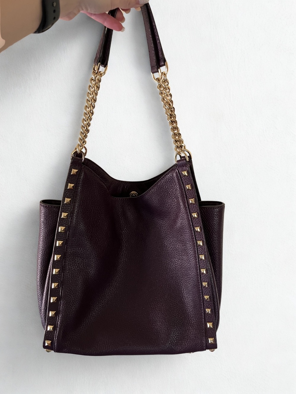 Michael Kors Stud-Trim Pebbled Leather Shoulder Bag in Deep Plum